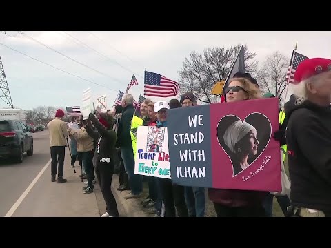 Supporters and opponents of President Donald Trump squared off before the president spoke at a Tax Day rally in Burnsville, Minn. Trump used a tweet to escalate his feud with Rep. Omar Ilhan, a Minnesota Democrat. (April 15)