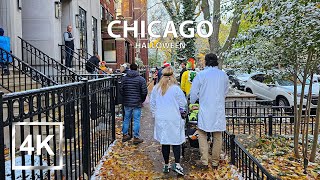 |4K| Halloween Day Walk - Trick or Treat - First Snow in Chicago - Lincoln Park - HDR - USA - 2023