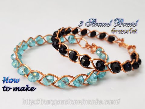 3 strand braid bracelet from copper wire and small crystal -...