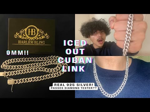 HarlemBling Iced Out Miami Cuban Link Chain 9mm Review 925 Silver + Diamond Test!!