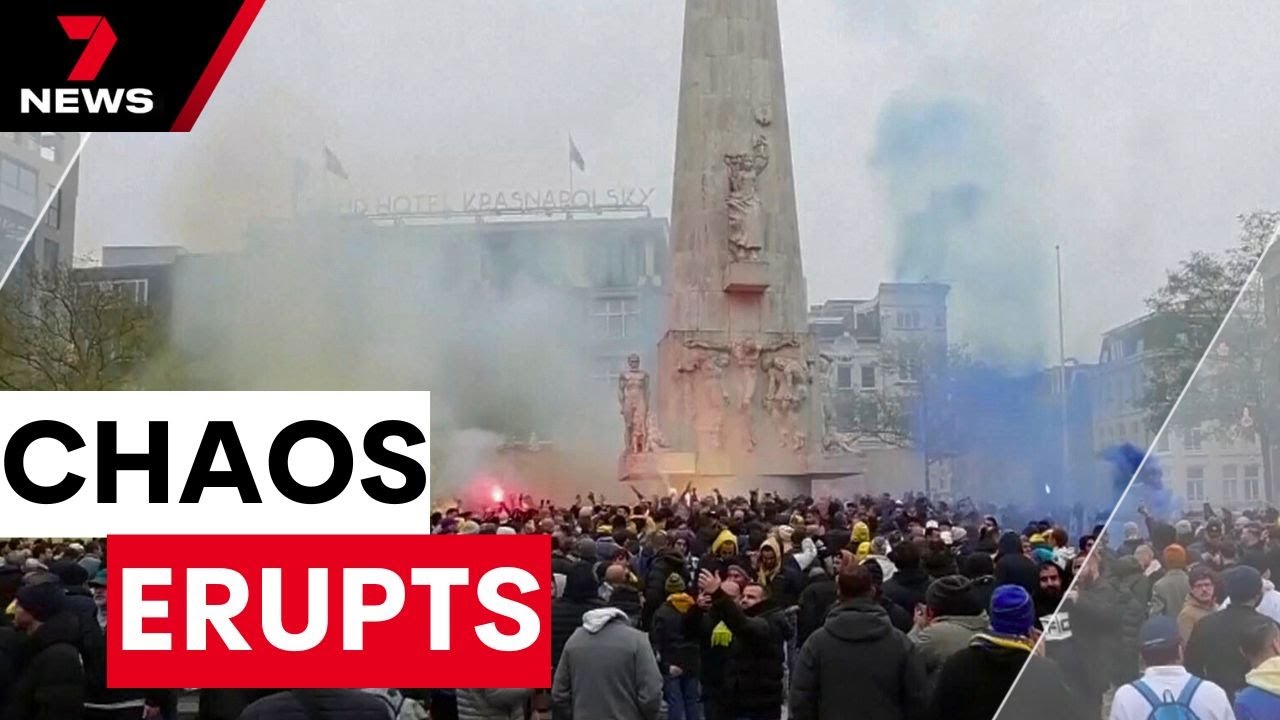 Violence between Israeli and pro-Palestinian protesters breaks out in Amsterdam | 7NEWS