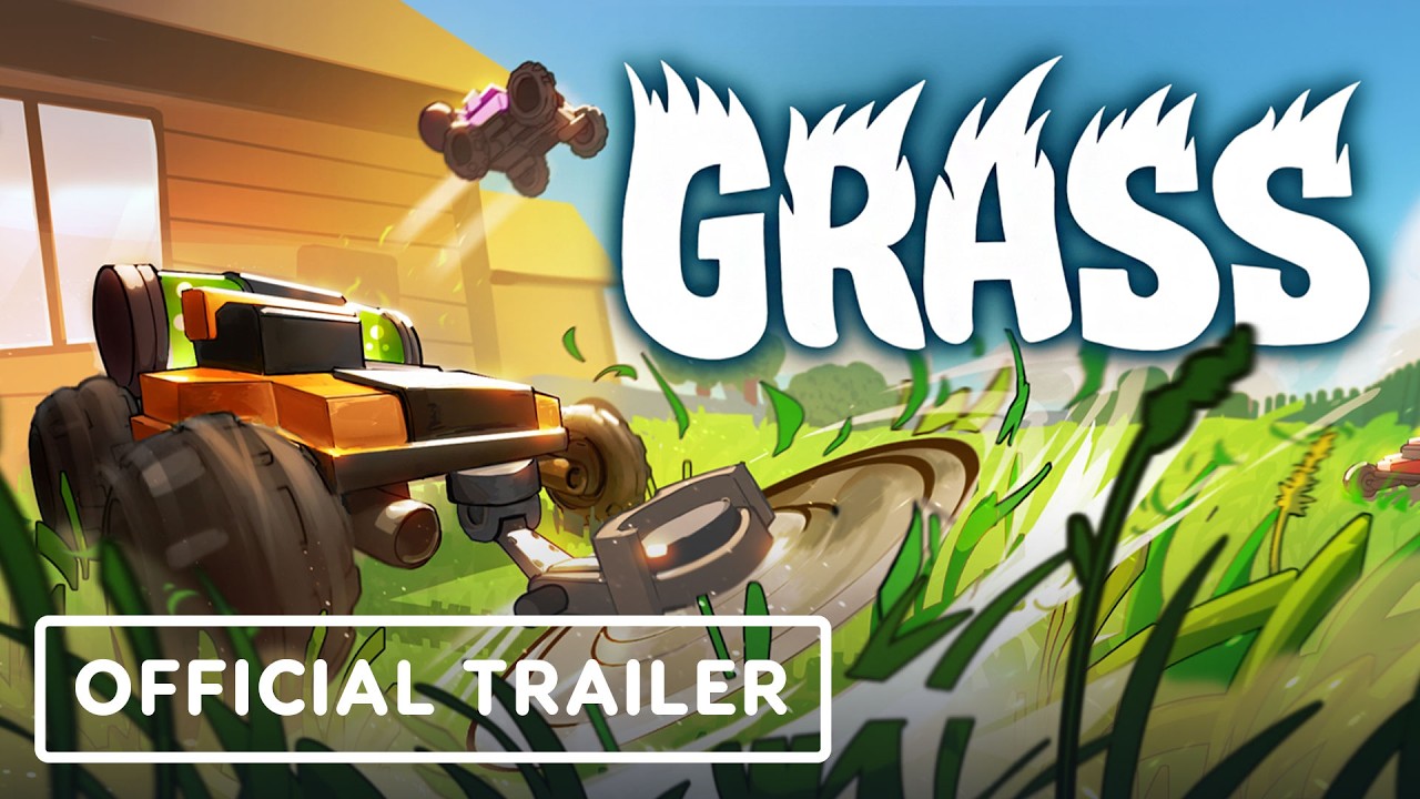 Key art for Grass, showing a remote controlled lawn mower cutting through tall grass beside a barn