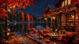 Soft Jazz Instrumental & Crackling Fireplace Sounds 🍂 Warm Autumn Lakeside for Stress Relief