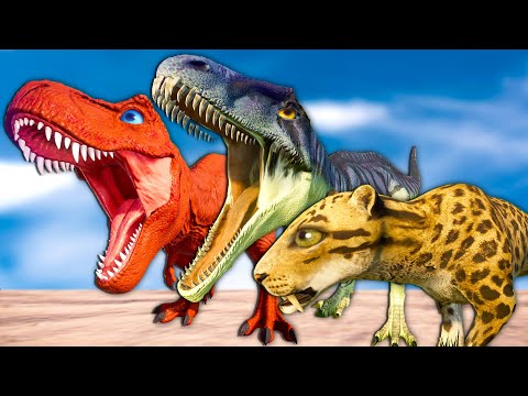 T-REX COLOR PACK vs SMILODON vs TYRANNOTITAN - Jurassic World Evolution Dinosaurs Fighting