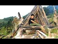 Building a Survival Shelter in a Forest - Camp food from natural herbs, Clay Fireplace Cooking