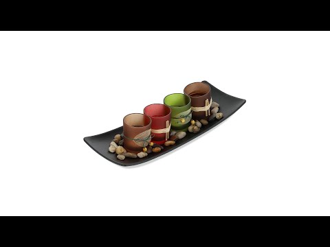 Porte-bougies multicolores avec plateau Noir - Marron - Vert - Bois manufacturé - Verre - Pierre - 34 x 8 x 13 cm