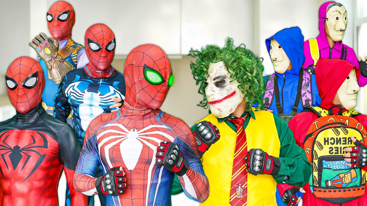 スパイダーマン学園の危機！レッド兵士がスマイリングウーマンから逃走