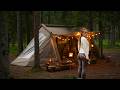 ️2 Days Solo Camping In A Wild Bog Fishing Cozy Hot Tent Wood Stove ASMR