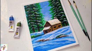 Snowy Pine Tree Forest with Cottage Landscape Acrylic Painting Step By Step | Paint It