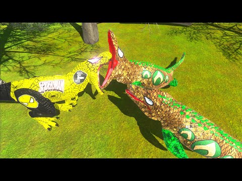 YELLOW SPIDERMAN T-REX VS 2X AQUAMAN MOSASAURUS DEATH RUN - Animal Revolt Battle Simulator