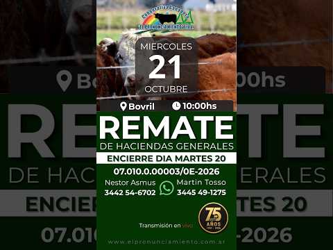 Remate de hacienda Bovril 21-10-2026 | Coop. Ganadera El Pronunciamiento
