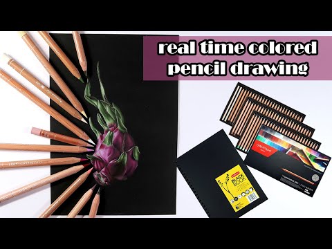 How to draw realistic dragon fruit with color pencil on black paper – real time drawing / draw along