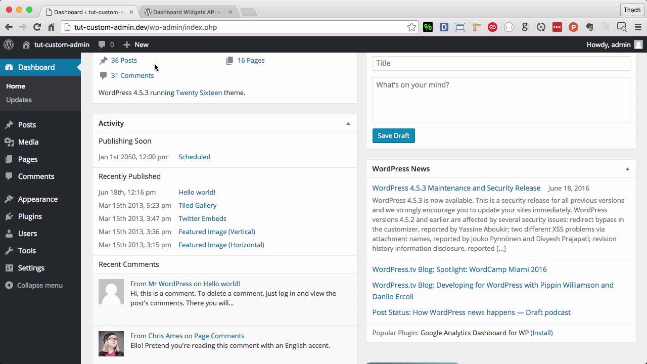 Thêm widget trong trang quản trị WordPress