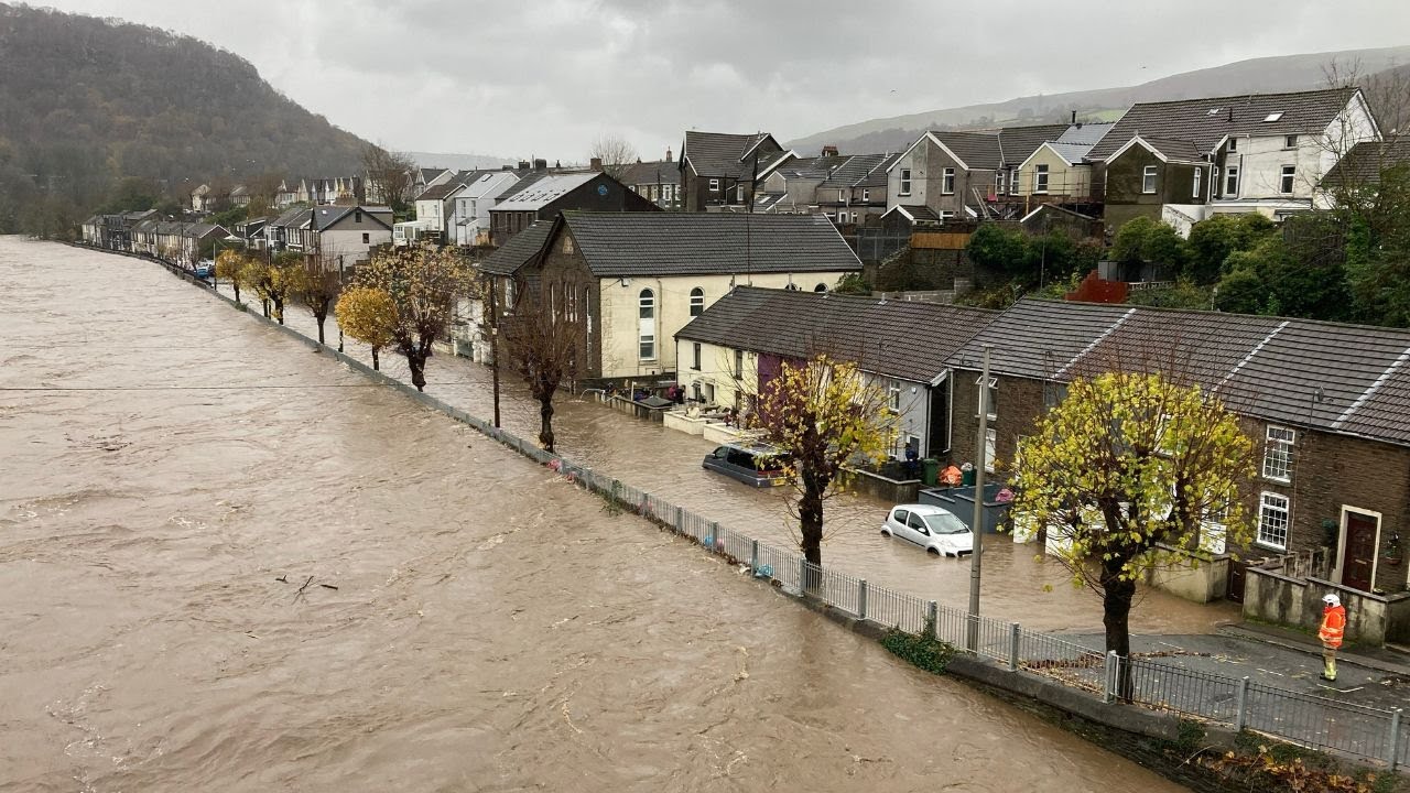 Storm Bert brings chaos: River Taff bursts banks in Pontypridd, communities on alert | SWNS