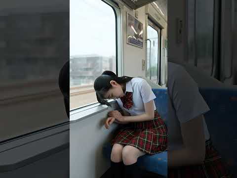 電車の中で寝ている制服の女の子