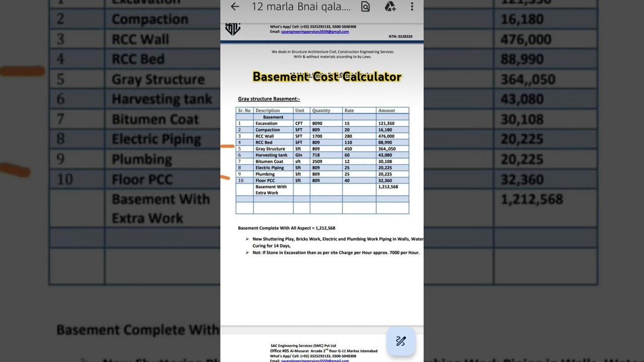 Basement Construction cost Calculator Excel Sheet. Basement Construction cost in Pakistan #basement