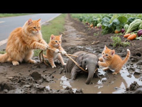 Mama Cat and Kittens Rescue Baby Elephant from the Mud | Cat Videos | Kucing | Cute Cat | Funny Cat