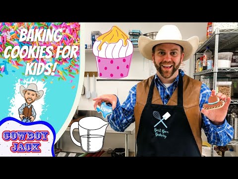Smiling cowboy baker in a kitchen holds a sneaker-shaped cookie in one hand and a decorated cookie in the other, with a colorful banner reading 'Baking Cookies for Kids!'