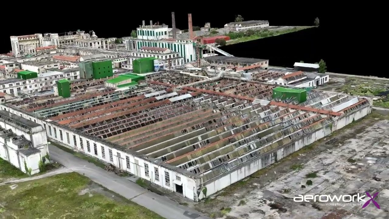 Vista del modelo fotogramétrico 3D de la antigua fábrica de Sniace