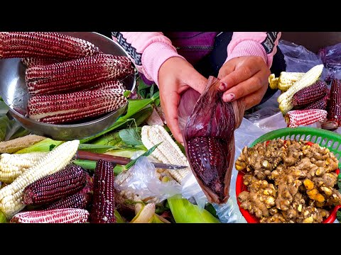 Boeng Tompun Market Food Show - Purple Boiled Corn, Raw Meat, Fresh Crabs, & More