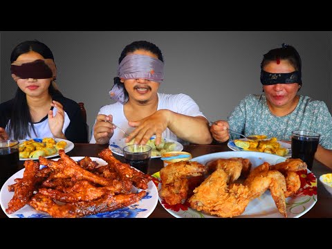 Blindfold Challenge, winner gets ice-cream and chicken wings, Chicken feet for loser
