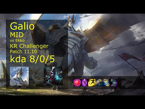 Galio vs Ekko Mid - KR Challenger 8/0/5 Patch 11.10 Gameplay // [롤] 갈리오 vs 에코 미드