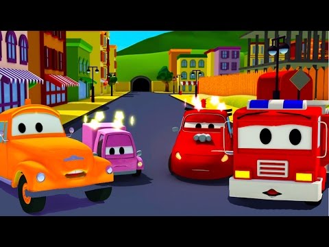 The Car Patrol: fire truck and police car with Tom the Tow Truck and the accident  in Car City