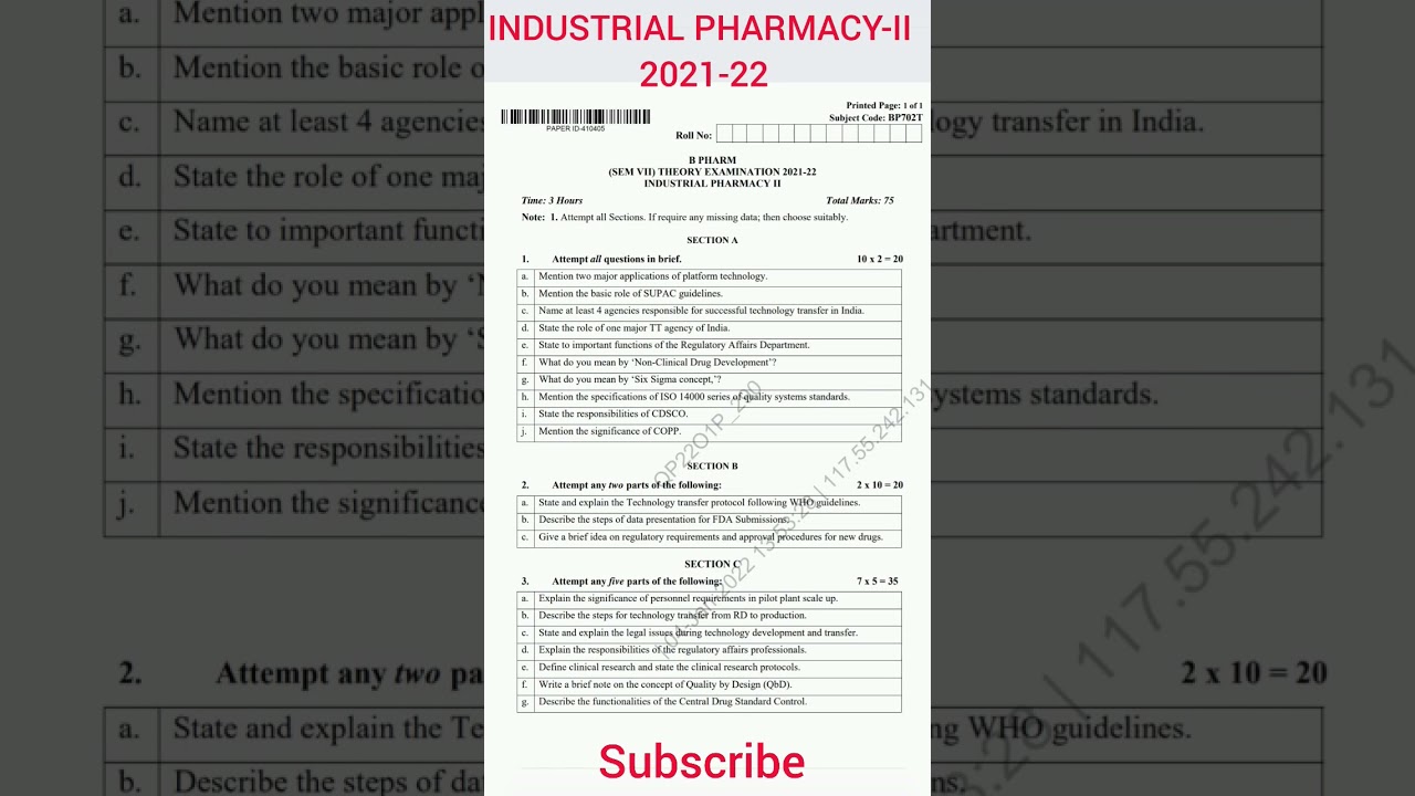 Industrial Pharmacy -II 2021-22 || Previous year question papers || B.Pharmacy 7 Sem|| BP702T ||Aktu