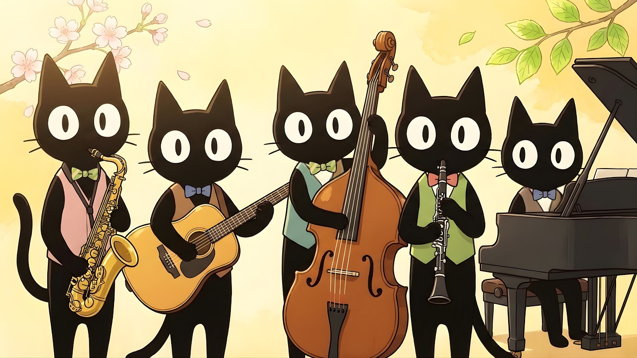 Spring Jazz Cats 🌸 Upbeat Cherry Blossom Jazz for Work, Study & Focus