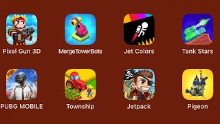 Pixel Gun 3D, PUBG MOBILE, Tank Stars, Jet Colors, Merge Tower Bots, Pigeon Jetpack, Township