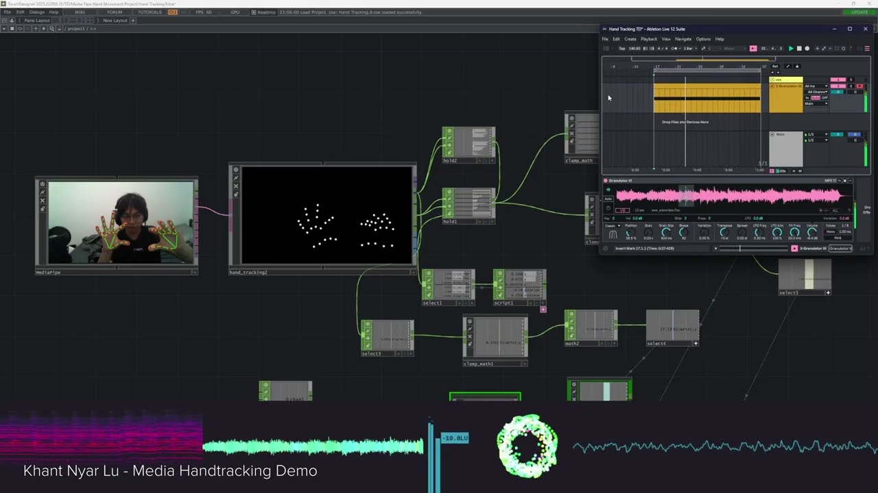 Activity 2 demo: hand tracking controlling three Granulator parameters simultaneously in Ableton Live via TDAbleton and MediaPipe. Right hand wrist Y controls sample position, right hand pinch controls sample duration, and left hand pinch controls pitch. <div class='container'><iframe class='responsive-iframe' src='https://www.youtube.com/embed/BZJEHYM3Sgs'></iframe></div>