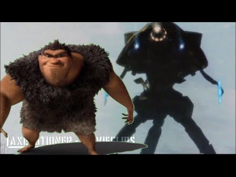 Grug from the croods attacks a tripod from war of the worlds