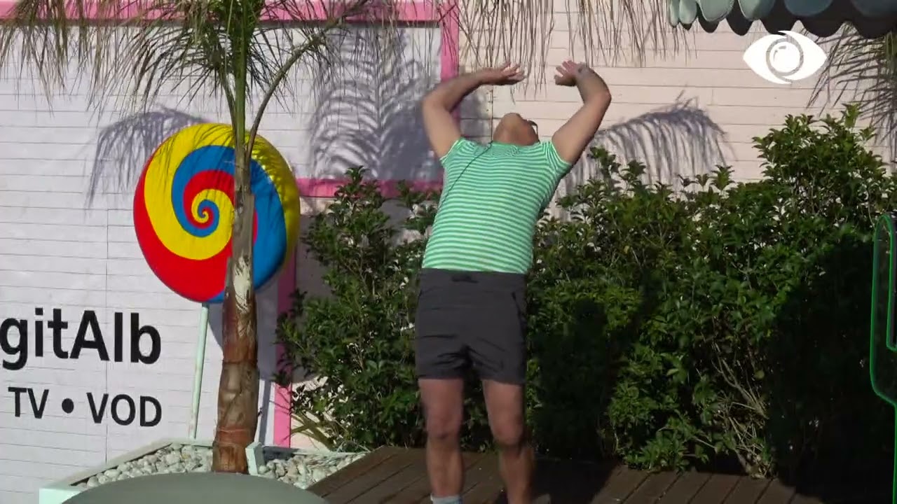 Rutina e mëngjesit/ Luizi dhe Antoneta në divan, Elvisi pranë pishinës, Qetsori bën yoga