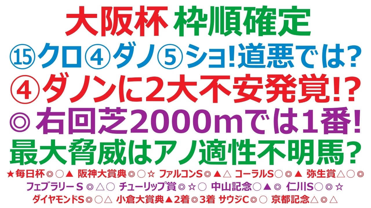 大阪杯2026枠順確定　⑮クロワデュノール、④ダノンデサイル、⑤ショウヘイ。道悪になると？④ダノンに2大不安発覚！？◎右回り芝2000mでは、この馬がナンバーワン！最大の脅威は、アノ適性不明の馬！