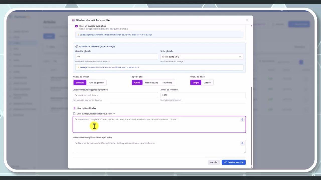 Tutoriel vidéo : Génération IA d'articles — Formation FacturesPro