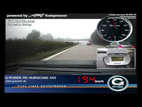 Daytime 357 km_h (223 mph) GPS G-Power BMW M5 Hurricane RS in cold weather on German Autobahn