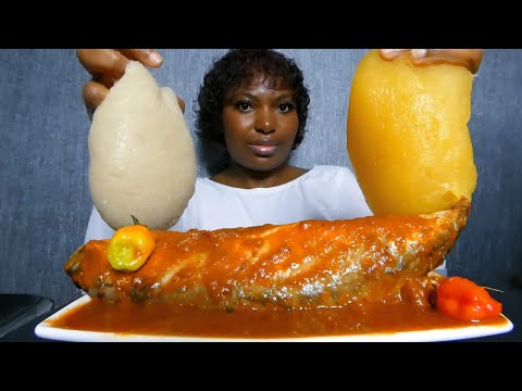 Asmr mukbang delicious spicy fish pepper soup with starch fufu & cassava fufu 