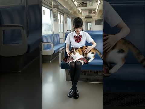 電車の中で猫と遊んでいる女子高生