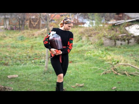 A woman is making traditional homemade wine from 7 kinds of berries.Decorating smokehouse in village