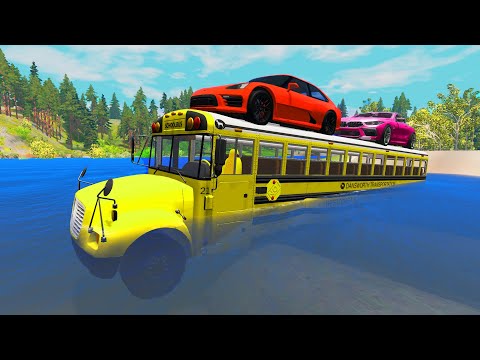 Cars vs Giant Pit Deep Water –Transporter Truck Car Rescue  - BeamNG.Drive