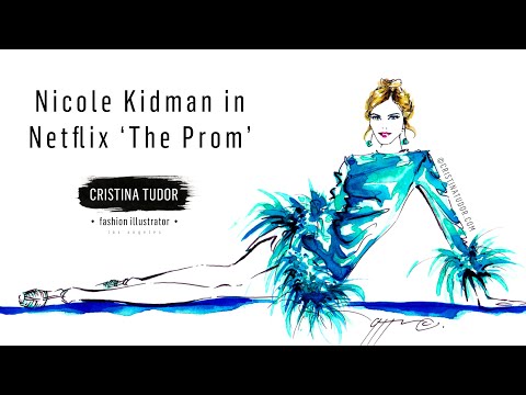 Live Watercolor Fashion Illustration Painting Portrait of Nicole Kidman in Netflix The Prom