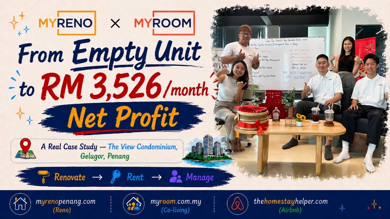 Mr Yong and the MyRoom team discussing The View Condominium co-living case study in Gelugor, Penang — 7 rooms generating RM 3,526 per month net