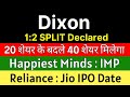 DIXON TECHNOLOGIES Share 1 2 SPLIT DECLARED RELIANCE INDUSTRIES Share HAPPIEST MINDS Latest News