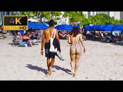 [4K] Havaí | Tour virtual a pé pela praia de Waikiki 🌞 - Você não vai acreditar como o verão está lotado 🌊🌊