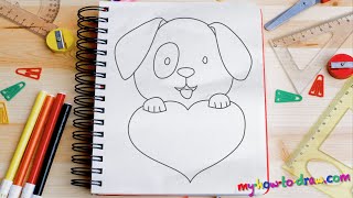 How to draw a Cute Puppy Love Heart - Easy step-by-step drawing lessons for kids