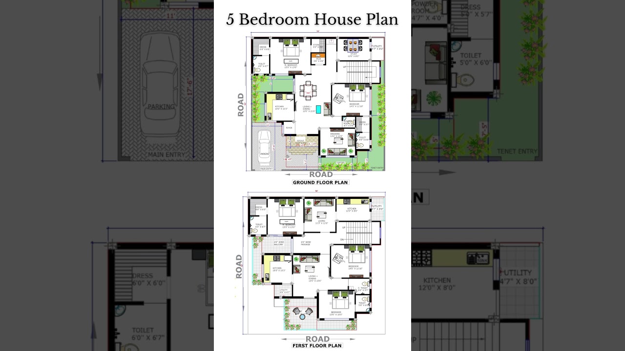 5 Bedroom House Design | 50x50 Ground & First Floor Plan Design | Make My House