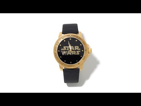 Star Wars Logo Dial Goldtone Black Leather Strap Watch