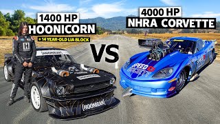 4,000HP NHRA Corvette C6 vs Lia Block's 1,400HP AWD Mustang // Hoonicorn vs The World 2
