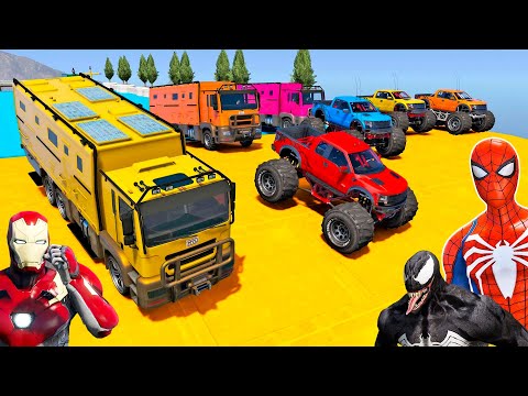 CARROS MONSTRO, MOTOS E CAMINHÕES COM HOMEM-ARANHA e HERÓIS! DESAFIO DOS CARROS PESADOS - GTA V