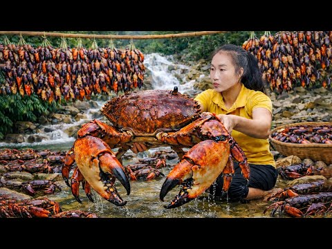 Harvesting green vegetables, scallions, bananas, and catching giant crabs to sell at the market